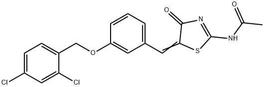 N-(5-{3-[(2,4-dichlorobenzyl)oxy]benzylidene}-4-oxo-1,3-thiazolidin-2-ylidene)acetamide 化学構造式