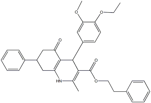 2-phenylethyl 4-(4-ethoxy-3-methoxyphenyl)-2-methyl-5-oxo-7-phenyl-1,4,5,6,7,8-hexahydro-3-quinolinecarboxylate Struktur
