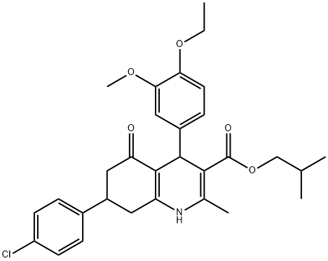 isobutyl 7-(4-chlorophenyl)-4-(4-ethoxy-3-methoxyphenyl)-2-methyl-5-oxo-1,4,5,6,7,8-hexahydro-3-quinolinecarboxylate 结构式