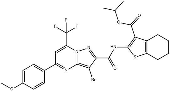 isopropyl 2-({[3-bromo-5-(4-methoxyphenyl)-7-(trifluoromethyl)pyrazolo[1,5-a]pyrimidin-2-yl]carbonyl}amino)-4,5,6,7-tetrahydro-1-benzothiophene-3-carboxylate 化学構造式