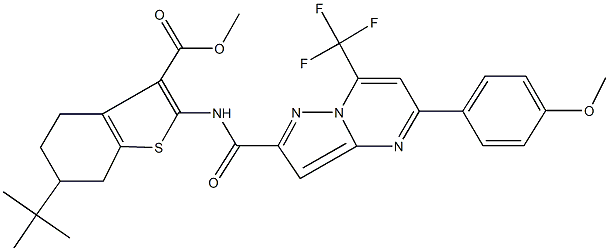 methyl 6-tert-butyl-2-({[5-(4-methoxyphenyl)-7-(trifluoromethyl)pyrazolo[1,5-a]pyrimidin-2-yl]carbonyl}amino)-4,5,6,7-tetrahydro-1-benzothiophene-3-carboxylate 化学構造式