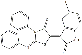 5-iodo-3-[4-oxo-3-phenyl-2-(phenylimino)-1,3-thiazolidin-5-ylidene]-1,3-dihydro-2H-indol-2-one Struktur
