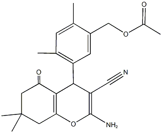 5-(2-amino-3-cyano-7,7-dimethyl-5-oxo-5,6,7,8-tetrahydro-4H-chromen-4-yl)-2,4-dimethylbenzyl acetate,329208-12-0,结构式