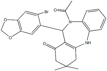 10-acetyl-11-(6-bromo-1,3-benzodioxol-5-yl)-3,3-dimethyl-2,3,4,5,10,11-hexahydro-1H-dibenzo[b,e][1,4]diazepin-1-one Struktur