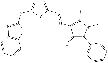 4-({[5-(1,3-benzothiazol-2-ylsulfanyl)-2-furyl]methylene}amino)-1,5-dimethyl-2-phenyl-1,2-dihydro-3H-pyrazol-3-one Structure