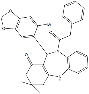 11-(6-bromo-1,3-benzodioxol-5-yl)-3,3-dimethyl-10-(phenylacetyl)-2,3,4,5,10,11-hexahydro-1H-dibenzo[b,e][1,4]diazepin-1-one 化学構造式