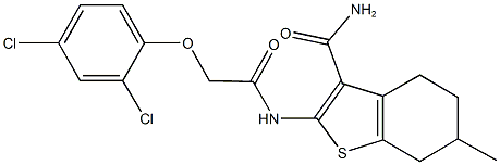 2-{[(2,4-dichlorophenoxy)acetyl]amino}-6-methyl-4,5,6,7-tetrahydro-1-benzothiophene-3-carboxamide 化学構造式