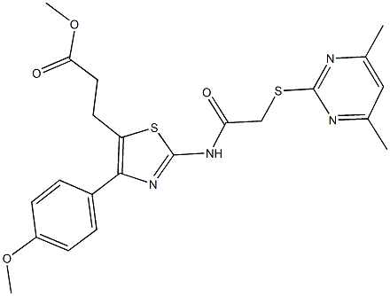 methyl 3-[2-({[(4,6-dimethyl-2-pyrimidinyl)sulfanyl]acetyl}amino)-4-(4-methoxyphenyl)-1,3-thiazol-5-yl]propanoate Struktur