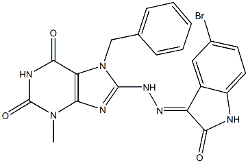 7-benzyl-8-[2-(5-bromo-2-oxo-1,2-dihydro-3H-indol-3-ylidene)hydrazino]-3-methyl-3,7-dihydro-1H-purine-2,6-dione 结构式