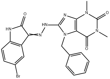 7-benzyl-8-[2-(5-bromo-2-oxo-1,2-dihydro-3H-indol-3-ylidene)hydrazino]-1,3-dimethyl-3,7-dihydro-1H-purine-2,6-dione Struktur