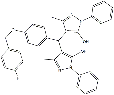 4-[{4-[(4-fluorobenzyl)oxy]phenyl}(5-hydroxy-3-methyl-1-phenyl-1H-pyrazol-4-yl)methyl]-3-methyl-1-phenyl-1H-pyrazol-5-ol Structure