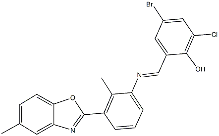 4-bromo-2-chloro-6-({[2-methyl-3-(5-methyl-1,3-benzoxazol-2-yl)phenyl]imino}methyl)phenol Structure