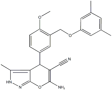 6-amino-4-{3-[(3,5-dimethylphenoxy)methyl]-4-methoxyphenyl}-3-methyl-2,4-dihydropyrano[2,3-c]pyrazole-5-carbonitrile,329922-87-4,结构式