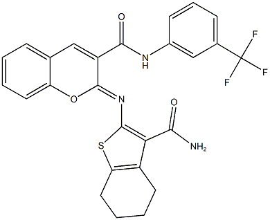 2-{[3-(aminocarbonyl)-4,5,6,7-tetrahydro-1-benzothien-2-yl]imino}-N-[3-(trifluoromethyl)phenyl]-2H-chromene-3-carboxamide 结构式