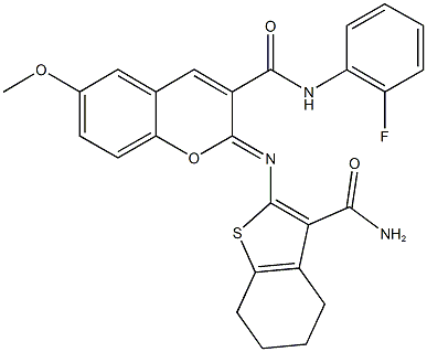 2-{[3-(aminocarbonyl)-4,5,6,7-tetrahydro-1-benzothien-2-yl]imino}-N-(2-fluorophenyl)-6-methoxy-2H-chromene-3-carboxamide,330157-95-4,结构式