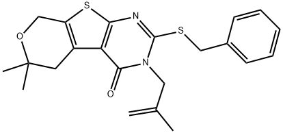 2-(benzylsulfanyl)-6,6-dimethyl-3-(2-methyl-2-propenyl)-3,5,6,8-tetrahydro-4H-pyrano[4',3':4,5]thieno[2,3-d]pyrimidin-4-one 结构式