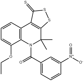 6-ethoxy-5-{3-nitrobenzoyl}-4,4-dimethyl-4,5-dihydro-1H-[1,2]dithiolo[3,4-c]quinoline-1-thione Struktur