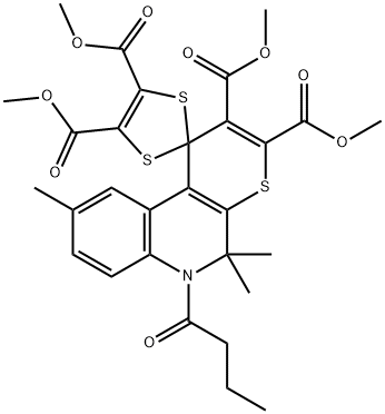 tetramethyl 6'-butyryl-5',5',9'-trimethyl-5',6'-dihydrospiro[1,3-dithiole-2,1'-(1'H)-thiopyrano[2,3-c]quinoline]-2',3',4,5-tetracarboxylate 化学構造式