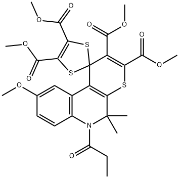 tetramethyl 9'-methoxy-5',5'-dimethyl-6'-propionyl-5',6'-dihydrospiro(1,3-dithiole-2,1'-[1'H]-thiopyrano[2,3-c]quinoline)-2',3',4,5-tetracarboxylate 化学構造式