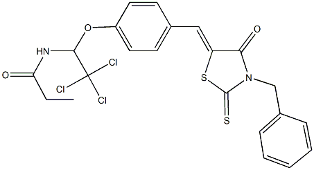 N-(1-{4-[(3-benzyl-4-oxo-2-thioxo-1,3-thiazolidin-5-ylidene)methyl]phenoxy}-2,2,2-trichloroethyl)propanamide Struktur