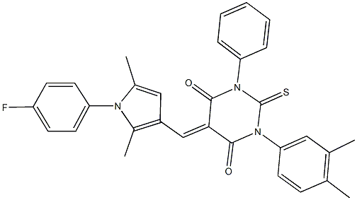 1-(3,4-dimethylphenyl)-5-{[1-(4-fluorophenyl)-2,5-dimethyl-1H-pyrrol-3-yl]methylene}-3-phenyl-2-thioxodihydro-4,6(1H,5H)-pyrimidinedione 化学構造式