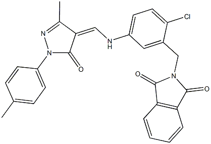 2-[2-chloro-5-({[3-methyl-1-(4-methylphenyl)-5-oxo-1,5-dihydro-4H-pyrazol-4-ylidene]methyl}amino)benzyl]-1H-isoindole-1,3(2H)-dione Struktur