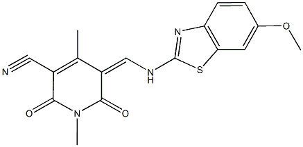 5-{[(6-methoxy-1,3-benzothiazol-2-yl)amino]methylene}-1,4-dimethyl-2,6-dioxo-1,2,5,6-tetrahydro-3-pyridinecarbonitrile Struktur
