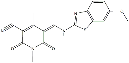 5-{[(6-methoxy-1,3-benzothiazol-2-yl)amino]methylene}-1,4-dimethyl-2,6-dioxo-1,2,5,6-tetrahydro-3-pyridinecarbonitrile,330471-66-4,结构式