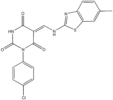 1-(4-chlorophenyl)-5-{[(6-methyl-1,3-benzothiazol-2-yl)amino]methylene}-2,4,6(1H,3H,5H)-pyrimidinetrione Structure