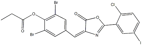 2,6-dibromo-4-[(2-(2-chloro-5-iodophenyl)-5-oxo-1,3-oxazol-4(5H)-ylidene)methyl]phenyl propionate 化学構造式