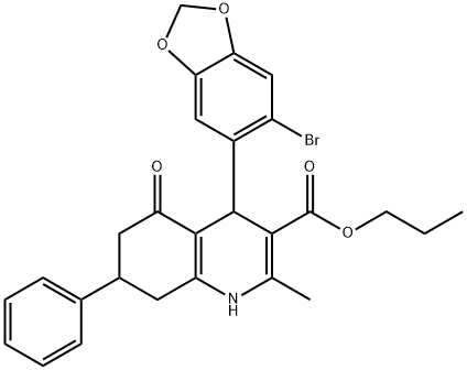 propyl 4-(6-bromo-1,3-benzodioxol-5-yl)-2-methyl-5-oxo-7-phenyl-1,4,5,6,7,8-hexahydro-3-quinolinecarboxylate 结构式