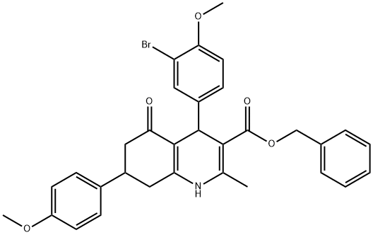 benzyl 4-(3-bromo-4-methoxyphenyl)-7-(4-methoxyphenyl)-2-methyl-5-oxo-1,4,5,6,7,8-hexahydro-3-quinolinecarboxylate 结构式