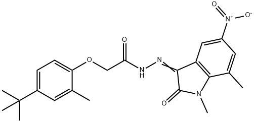 2-(4-tert-butyl-2-methylphenoxy)-N'-{5-nitro-1,7-dimethyl-2-oxo-1,2-dihydro-3H-indol-3-ylidene}acetohydrazide 化学構造式