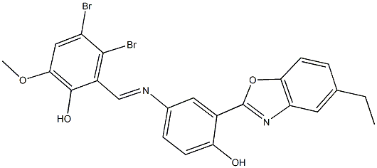 3,4-dibromo-2-({[3-(5-ethyl-1,3-benzoxazol-2-yl)-4-hydroxyphenyl]imino}methyl)-6-methoxyphenol 结构式