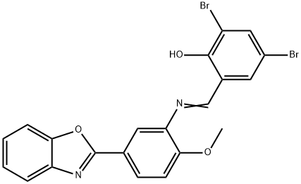 2-({[5-(1,3-benzoxazol-2-yl)-2-methoxyphenyl]imino}methyl)-4,6-dibromophenol Structure