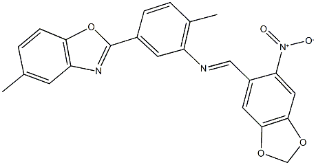 2-{3-[({6-nitro-1,3-benzodioxol-5-yl}methylene)amino]-4-methylphenyl}-5-methyl-1,3-benzoxazole Structure