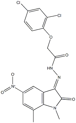 2-(2,4-dichlorophenoxy)-N'-{5-nitro-1,7-dimethyl-2-oxo-1,2-dihydro-3H-indol-3-ylidene}acetohydrazide 化学構造式