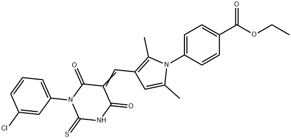 ethyl 4-{3-[(1-(3-chlorophenyl)-4,6-dioxo-2-thioxotetrahydro-5(2H)-pyrimidinylidene)methyl]-2,5-dimethyl-1H-pyrrol-1-yl}benzoate 化学構造式