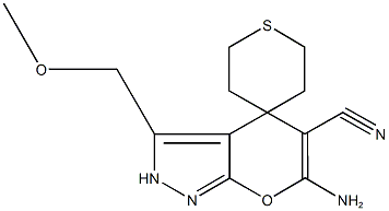 6-amino-5-cyano-3-(methoxymethyl)-2,3',4,4',5',6'-hexahydrospiro[pyrano[2,3-c]pyrazole-4,4'-(2'H)-thiopyran] Structure