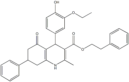 2-phenylethyl 4-(3-ethoxy-4-hydroxyphenyl)-2-methyl-5-oxo-7-phenyl-1,4,5,6,7,8-hexahydro-3-quinolinecarboxylate Struktur