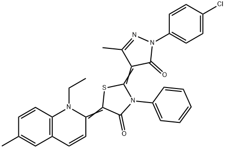 2-[1-(4-chlorophenyl)-3-methyl-5-oxo-1,5-dihydro-4H-pyrazol-4-ylidene]-5-(1-ethyl-6-methyl-2(1H)-quinolinylidene)-3-phenyl-1,3-thiazolidin-4-one,330683-94-8,结构式