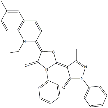 5-(1-ethyl-6-methyl-2(1H)-quinolinylidene)-2-(3-methyl-5-oxo-1-phenyl-1,5-dihydro-4H-pyrazol-4-ylidene)-3-phenyl-1,3-thiazolidin-4-one 结构式