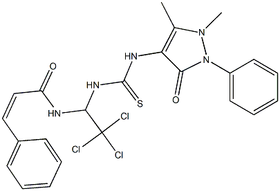 3-phenyl-N-[2,2,2-trichloro-1-({[(1,5-dimethyl-3-oxo-2-phenyl-2,3-dihydro-1H-pyrazol-4-yl)amino]carbothioyl}amino)ethyl]acrylamide 化学構造式