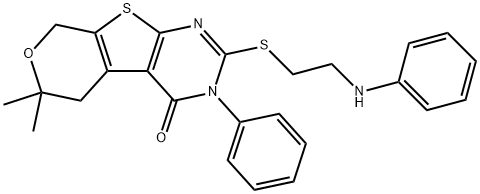 2-[(2-anilinoethyl)sulfanyl]-6,6-dimethyl-3-phenyl-3,5,6,8-tetrahydro-4H-pyrano[4',3':4,5]thieno[2,3-d]pyrimidin-4-one Structure