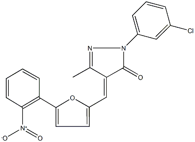 2-(3-chlorophenyl)-4-[(5-{2-nitrophenyl}-2-furyl)methylene]-5-methyl-2,4-dihydro-3H-pyrazol-3-one 结构式