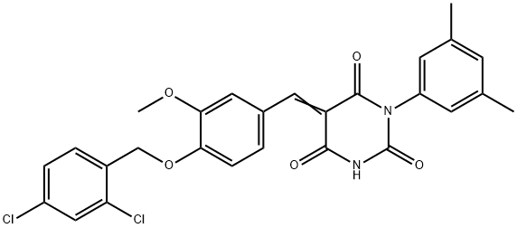 5-{4-[(2,4-dichlorobenzyl)oxy]-3-methoxybenzylidene}-1-(3,5-dimethylphenyl)-2,4,6(1H,3H,5H)-pyrimidinetrione 化学構造式