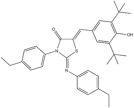 5-(3,5-ditert-butyl-4-hydroxybenzylidene)-3-(4-ethylphenyl)-2-[(4-ethylphenyl)imino]-1,3-thiazolidin-4-one 化学構造式