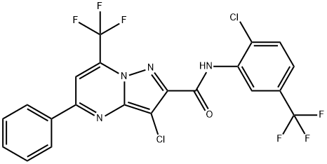 3-chloro-N-[2-chloro-5-(trifluoromethyl)phenyl]-5-phenyl-7-(trifluoromethyl)pyrazolo[1,5-a]pyrimidine-2-carboxamide Struktur
