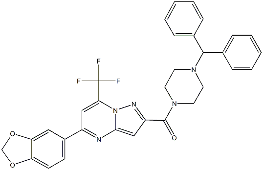 2-[(4-benzhydryl-1-piperazinyl)carbonyl]-5-(1,3-benzodioxol-5-yl)-7-(trifluoromethyl)pyrazolo[1,5-a]pyrimidine Struktur