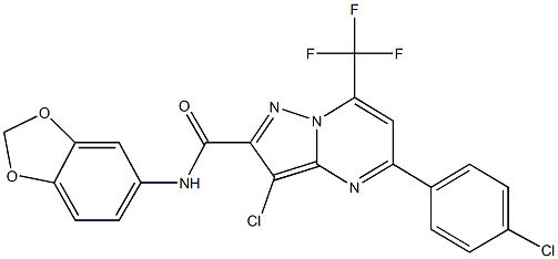 N-(1,3-benzodioxol-5-yl)-3-chloro-5-(4-chlorophenyl)-7-(trifluoromethyl)pyrazolo[1,5-a]pyrimidine-2-carboxamide 化学構造式